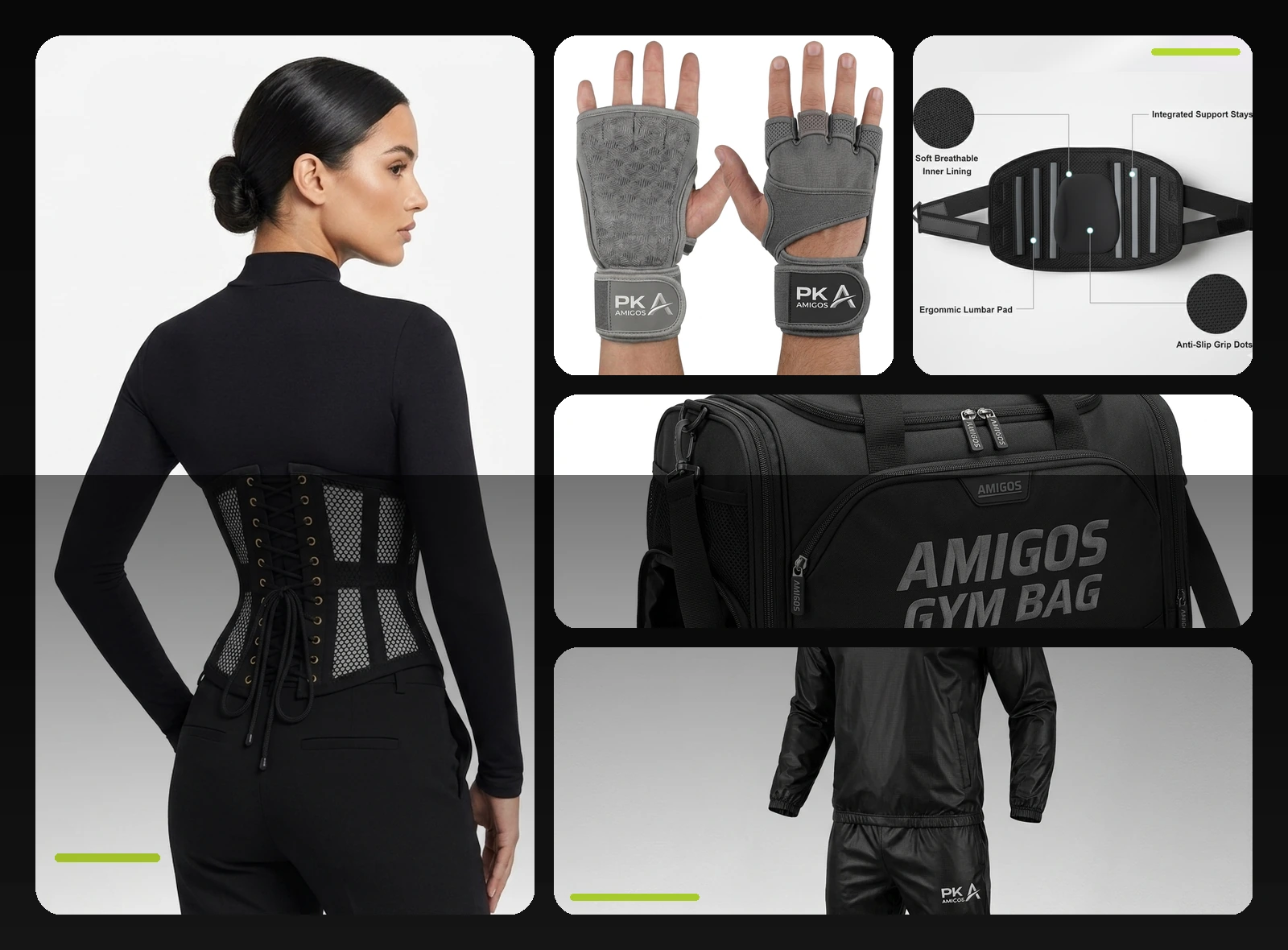 PK Amigos product range including corsets, gloves, supports, activewear and bags